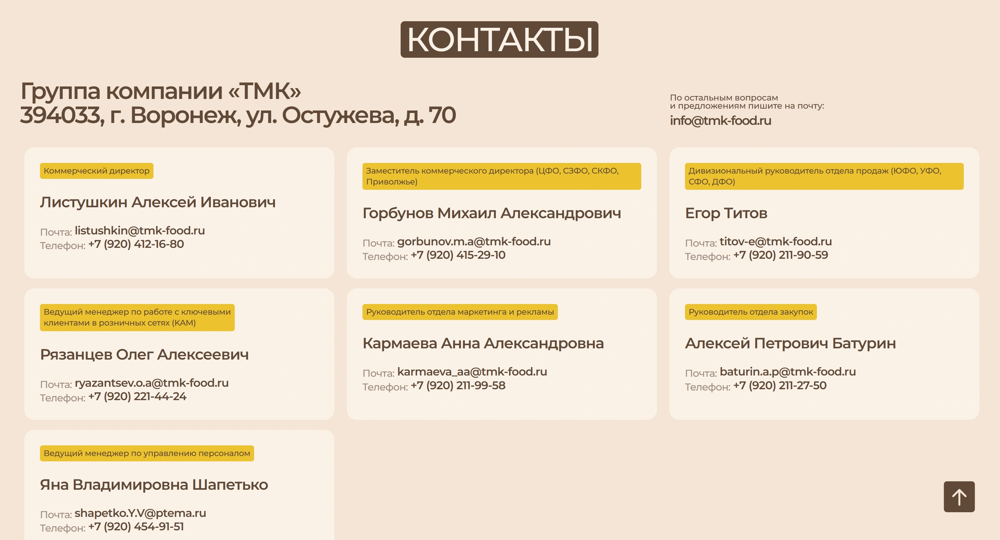 ТМК-Сервис Секция «Контакты» с сайта https://tmk-food.ru/, тематика — Еда и напитки, цвета — Белый, стиль — Корпоративный, Карточный, типографика — Без засечек