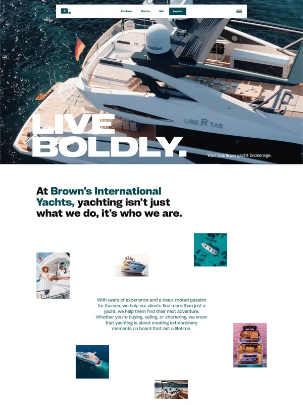 Лендинг Brown's International Yachts, тематика — Другое, цвета — Белый, Черный, Серый, стиль — Корпоративный, Минимализм, типографика — Без засечек, Декоративные