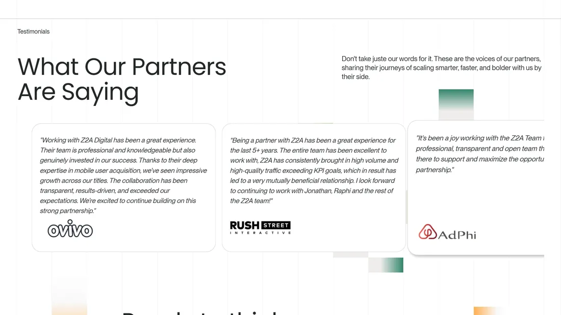 Секция «Отзывы» с сайта https://www.z2adigital.com/, тематика — Маркетинг, Бизнес и профессиональные услуги, цвета — Белый, стиль — Корпоративный, Минимализм, типографика — Без засечек