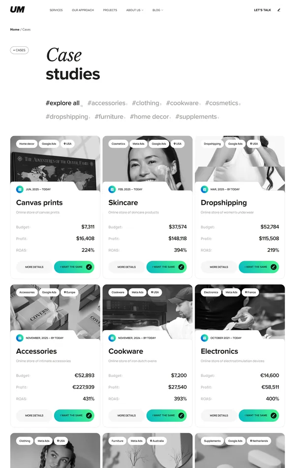 Портфолио UM, тематика — Маркетинг, Бизнес и профессиональные услуги, цвета — Белый, Серый, стиль — Корпоративный