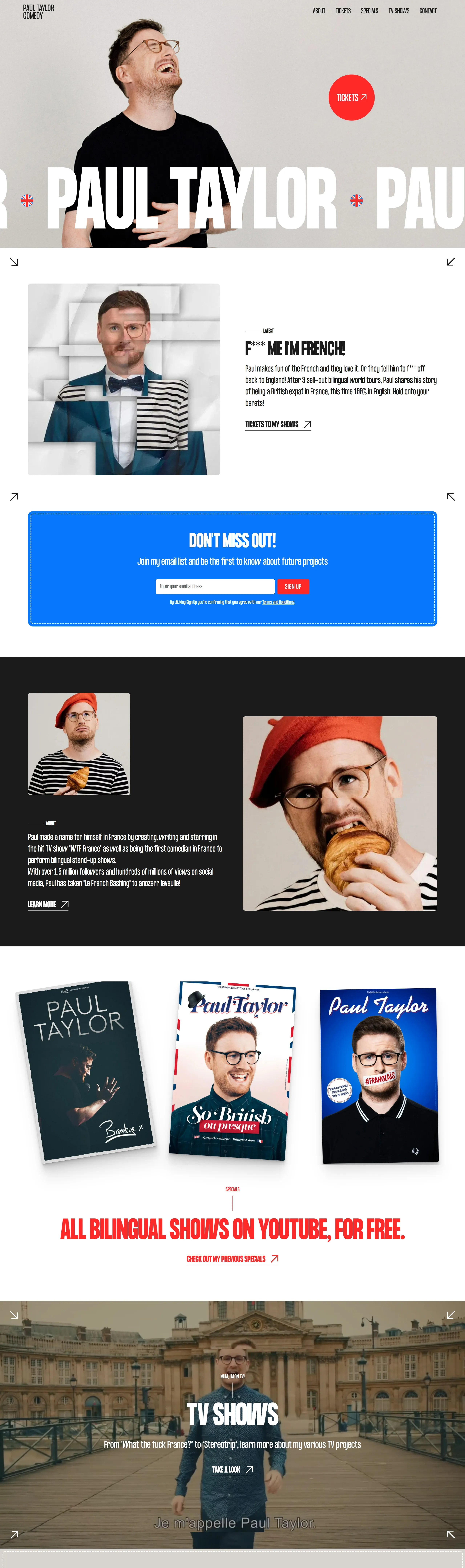 Paul Taylor Comedy Лендинг Paul Taylor Comedy, тематика — Мероприятия, Развлечения, цвета — Белый, Черный, Серый, стиль — Минимализм, Типографика, типографика — Без засечек
