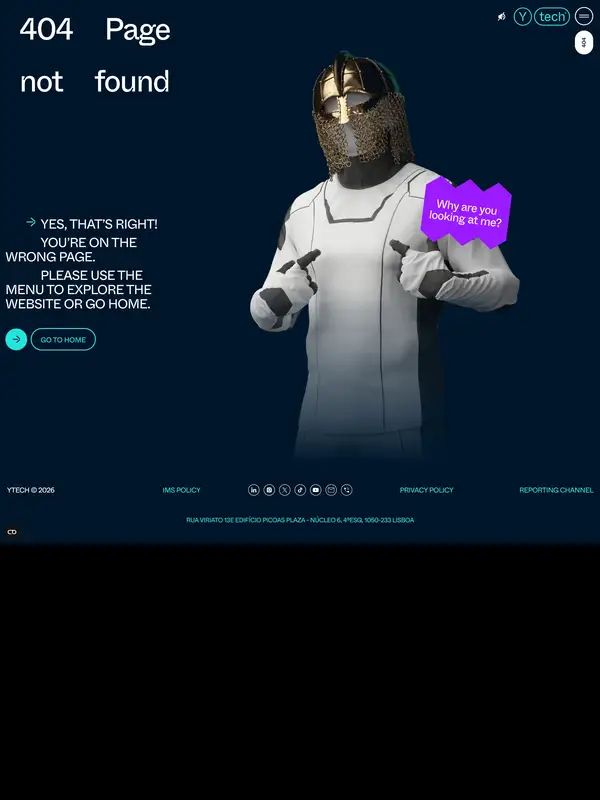 404-страница Ytech, тематика — IT и программное обеспечение, цвета — Черный, стиль — Корпоративный, Брутализм, типографика — Без засечек, Декоративные