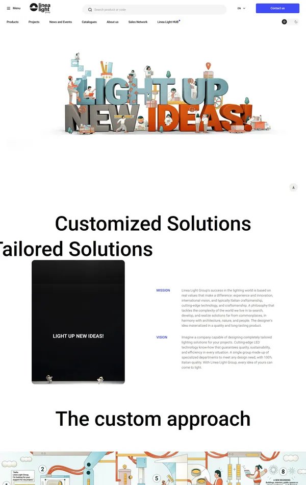 Страница о компании Linea Light, тематика — Производство, Другое, цвета — Белый, Серый, стиль — Корпоративный, типографика — Без засечек