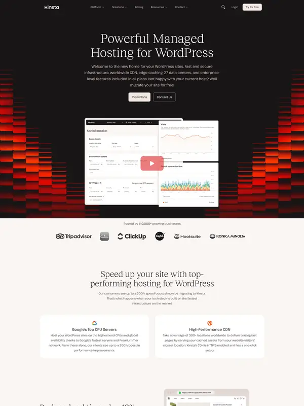 Лендинг Kinsta, тематика — SaaS, цвета — Белый, Черный, стиль — Корпоративный, Минимализм, типографика — Без засечек