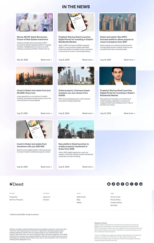 Секция «Новости» с сайта https://www.startdeed.com/, тематика — Недвижимость, цвета — Белый, стиль — Корпоративный, типографика — Без засечек