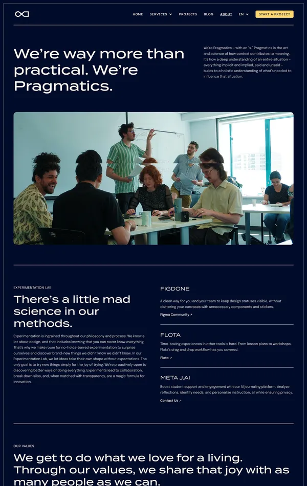 Страница о компании Pragmatics, тематика — Дизайн, IT и программное обеспечение, цвета — Черный, стиль — Корпоративный, типографика — Без засечек