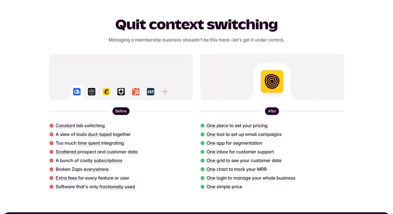 Секция «Преимущества» с сайта https://www.outseta.com/, тематика — SaaS, цвета — Белый, Серый, стиль — Корпоративный, Минимализм, типографика — Без засечек