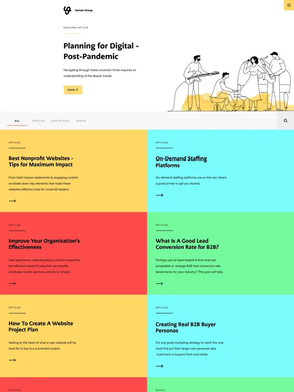 Блог Usman Group, тематика — Агентство , цвета — Белый, Черный, Серый, стиль — Карточный, Минимализм, типографика — Без засечек