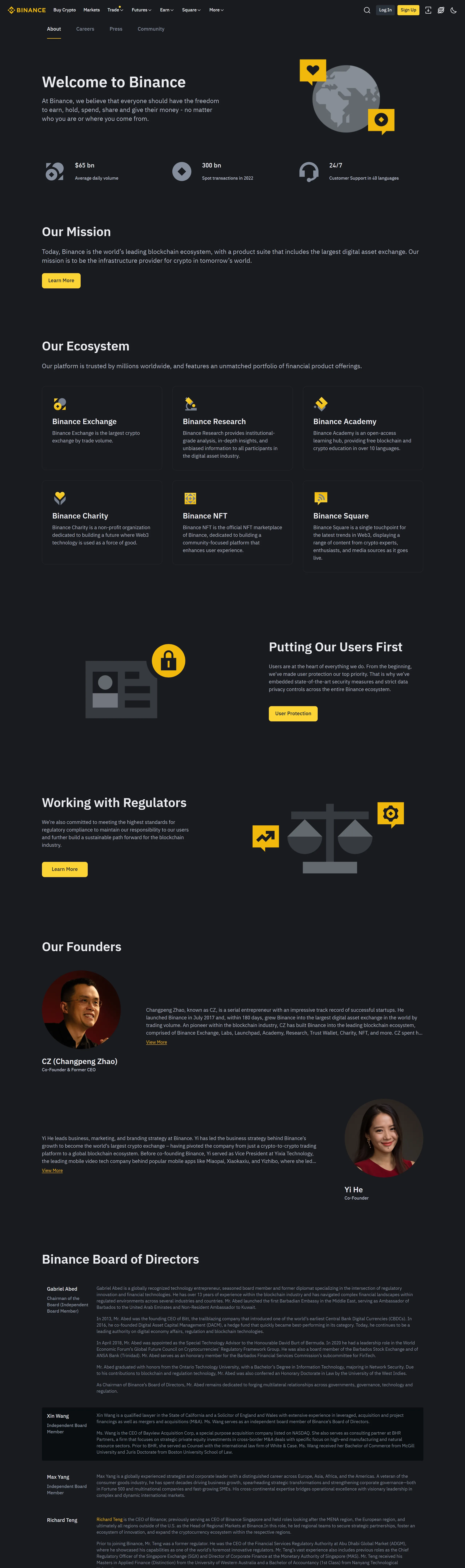 Страница о компании binance, тематика — Крипто  и блокчейн, цвета — Черный, стиль — Корпоративный, типографика — Без засечек