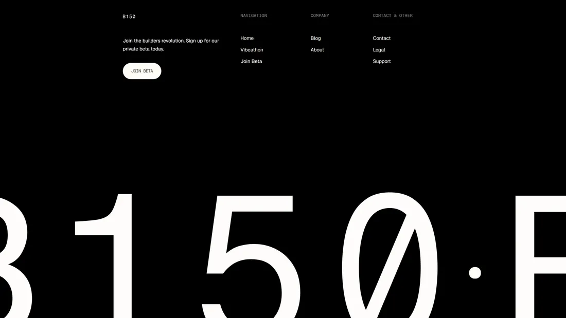 Секция «Призыв к действию» с сайта https://b150.ai/, тематика — IT и программное обеспечение, цвета — Черный, стиль — Минимализм, Брутализм, типографика — Без засечек