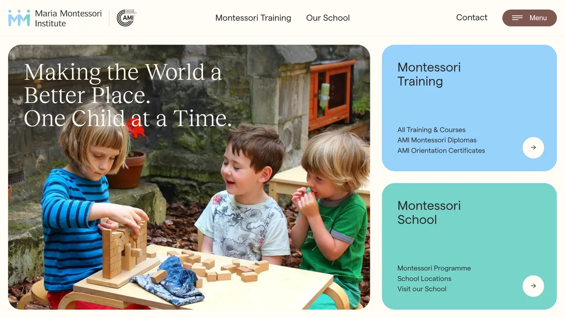 Секция «Первый экран» с сайта https://www.mariamontessori.org/, тематика — Образование, цвета — Белый, Черный, Серый, стиль — Корпоративный, типографика — Без засечек