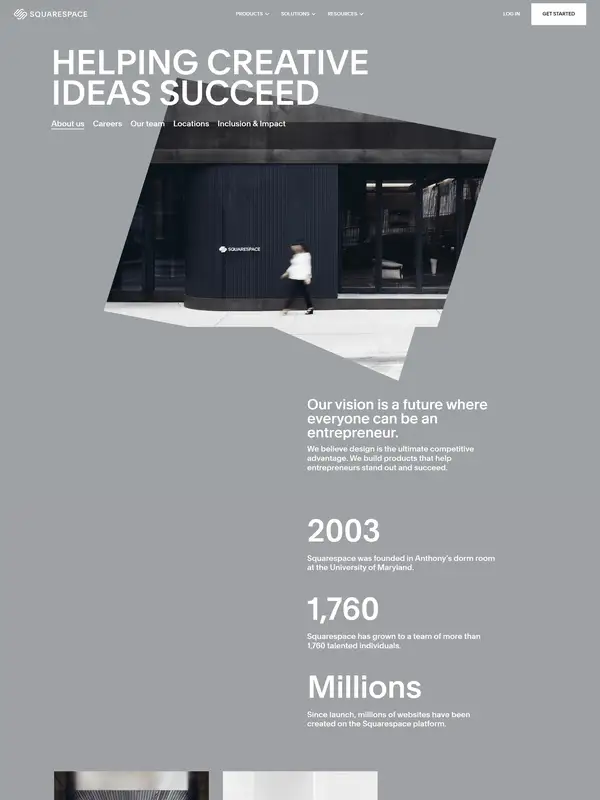Страница о компании Squarespace, тематика — SaaS, цвета — Белый, Серый, стиль — Корпоративный, Минимализм, типографика — Без засечек