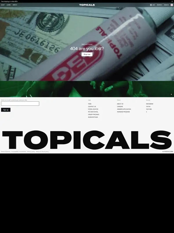 404-страница Topicals, тематика — Красота, цвета — Черный, Серый, стиль — Брутализм, типографика — Без засечек, Декоративные