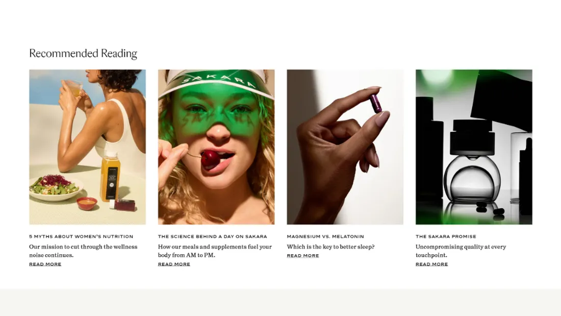 Секция «Блог» с сайта https://www.sakara.com/, тематика — Еда и напитки, Здоровье и фитнес, цвета — Белый, стиль — Корпоративный, Минимализм, типографика — Без засечек