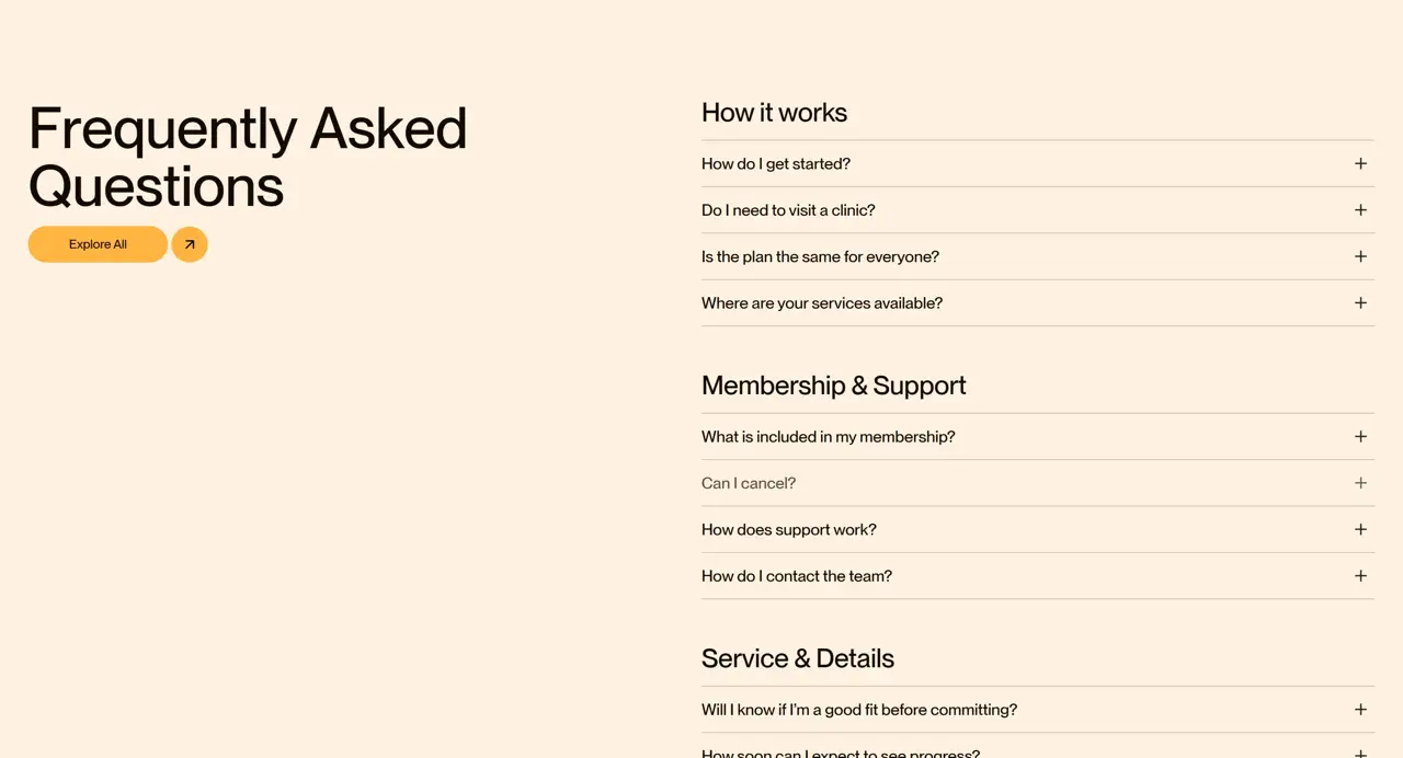 Секция «FAQ» с сайта https://abetterlou.com/, тематика — Здоровье и фитнес, цвета — Белый, стиль — Минимализм, типографика — Без засечек
