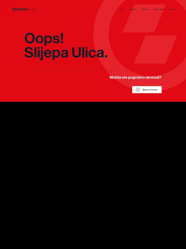 404-страница Zubak Grupa, тематика — HR, цвета — Красный, стиль — Корпоративный, Брутализм, типографика — Без засечек