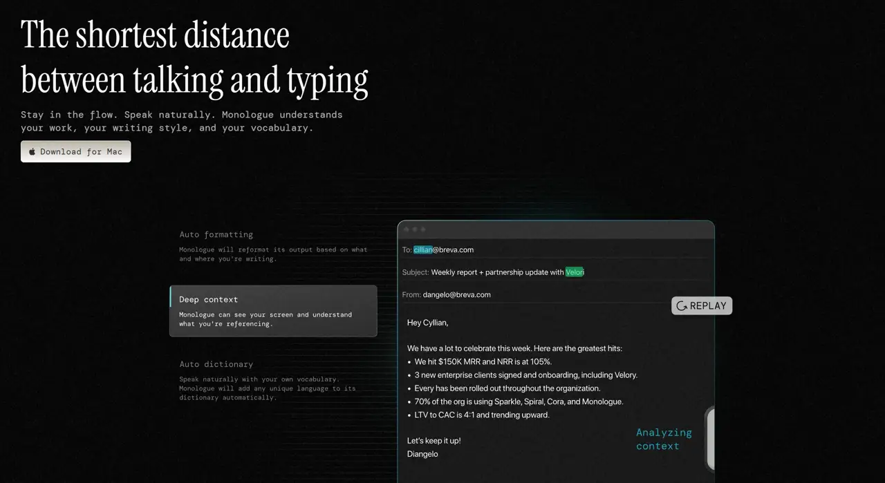 Секция «Первый экран» с сайта https://www.monologue.to/, тематика — SaaS, цвета — Черный, стиль — Корпоративный, Минимализм, типографика — Без засечек, Декоративные