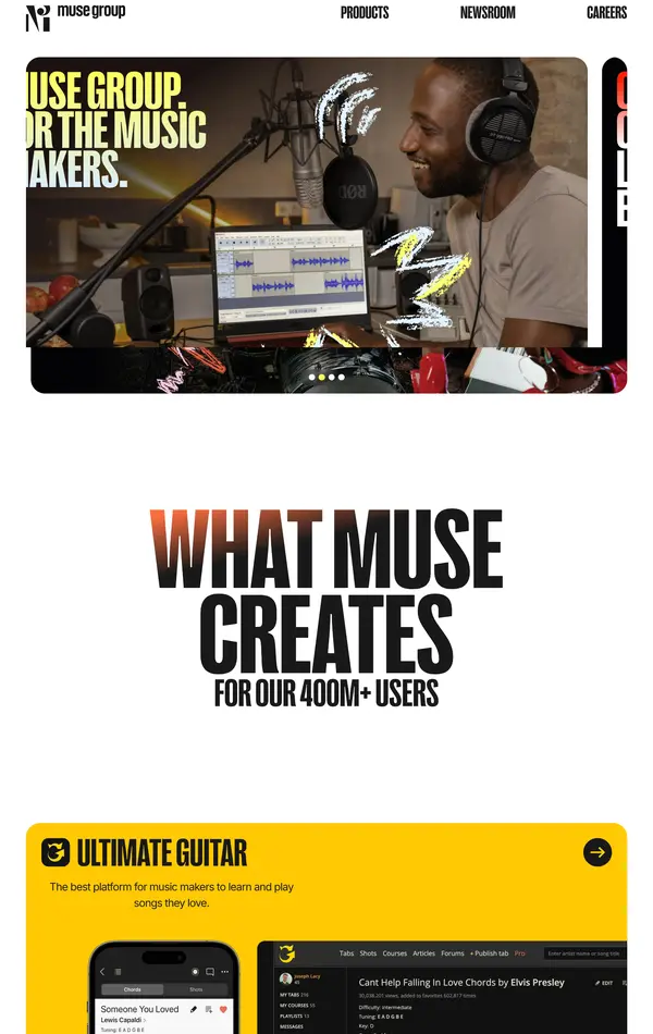 Страница о компании Muse Group, тематика — Музыка, цвета — Белый, Черный, Серый, стиль — Корпоративный, типографика — Без засечек