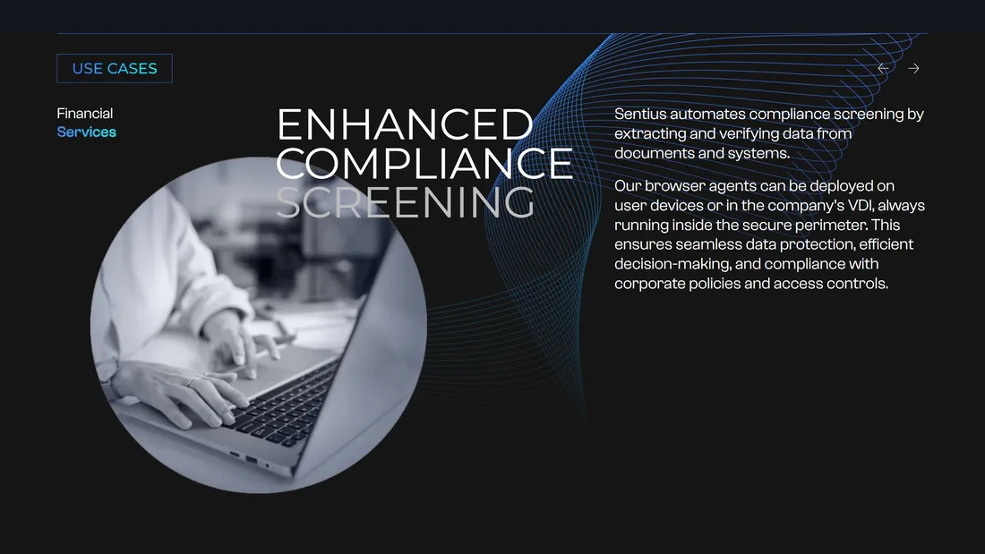 Секция «Кейсы» с сайта https://www.sentius.ai/, тематика — IT и программное обеспечение, Финансы, цвета — Черный, Серый, стиль — Корпоративный, Минимализм, типографика — Без засечек