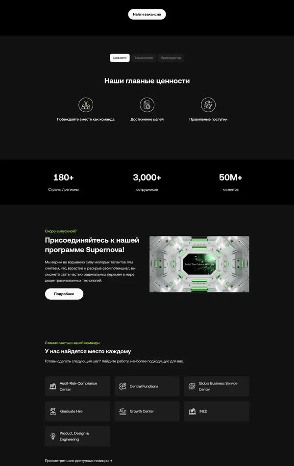 Страница карьеры OKX, тематика — Крипто  и блокчейн, цвета — Черный, стиль — Корпоративный, Минимализм, типографика — Без засечек