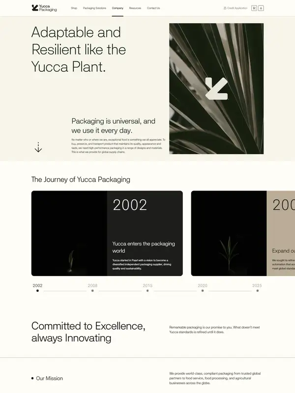 Страница о компании Yucca Packaging, тематика — Еда и напитки, цвета — Белый, Черный, Серый, стиль — Корпоративный, Минимализм, типографика — Без засечек