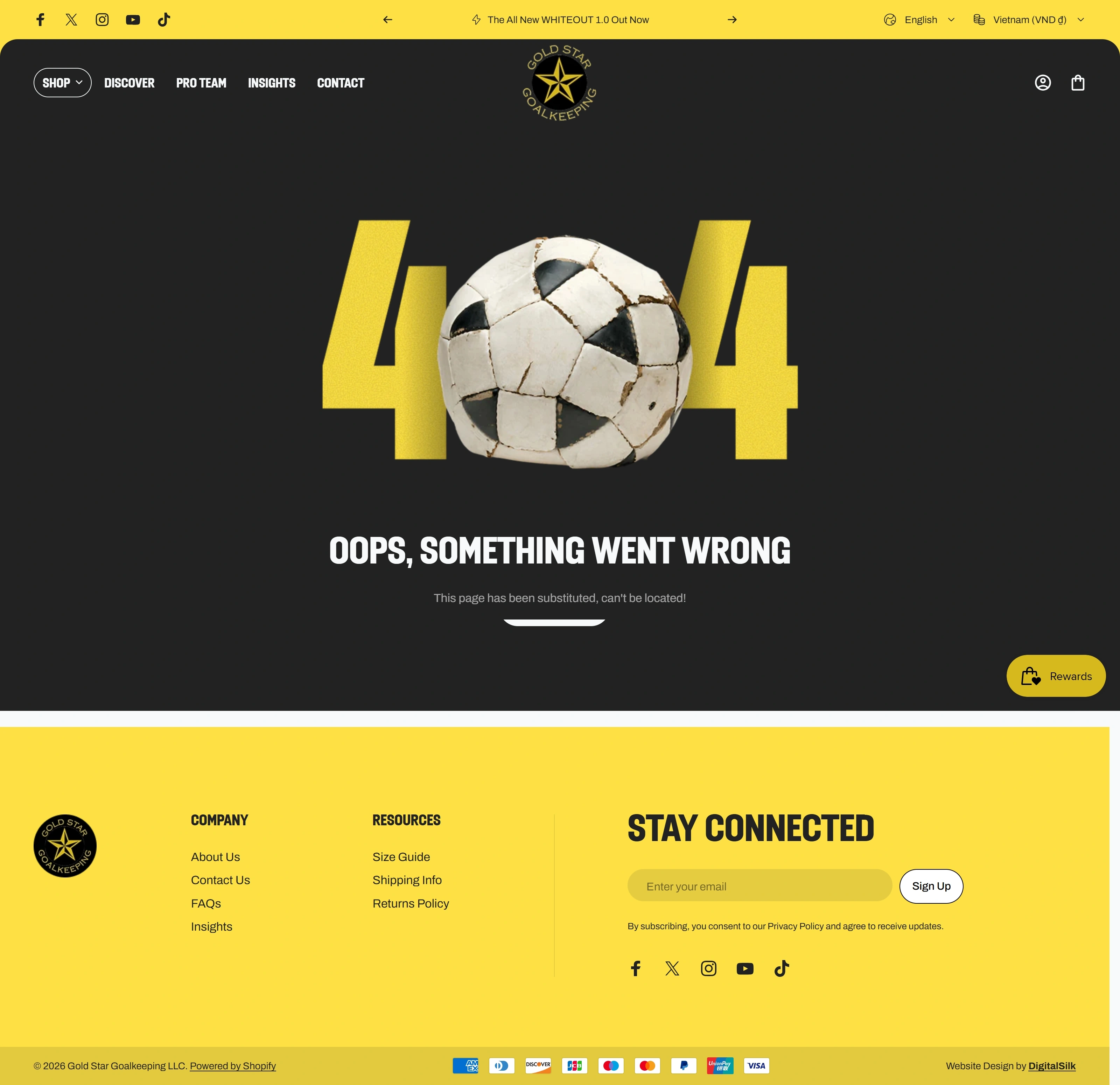 Gold Star Goalkeeping 404-страница Gold Star Goalkeeping, тематика — Интернет-магазин, цвета — Черный, Желтый, стиль — Брутализм, типографика — Без засечек, Декоративные