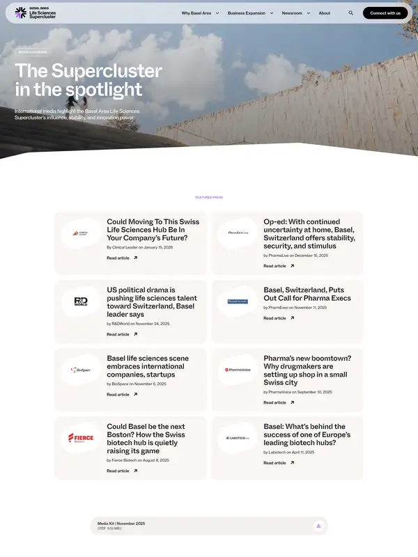 Новости Basel Area, тематика — Другое, цвета — Белый, Черный, Серый, стиль — Корпоративный, Минимализм, типографика — Без засечек