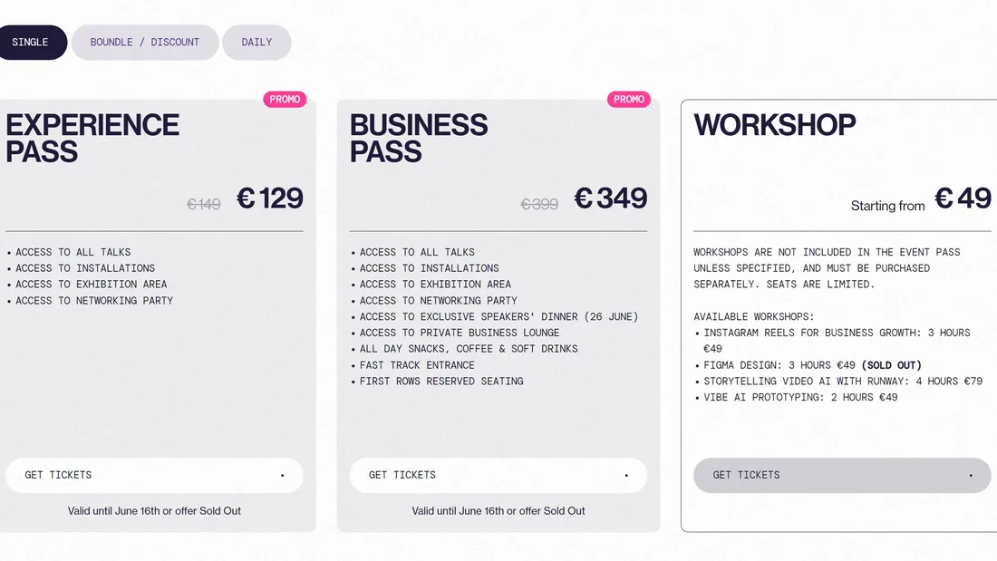 Секция «Цены» с сайта https://palermo.ddd.live/, тематика — Мероприятия, цвета — Белый, стиль — Корпоративный, Минимализм, типографика — Без засечек, Моноширинные