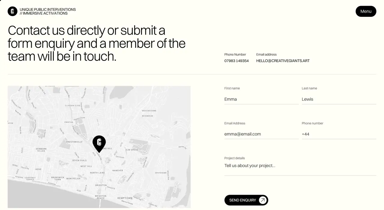 Секция «Контакты» с сайта https://www.creativegiants.art/, тематика — Искусство, цвета — Белый, стиль — Минимализм, типографика — Без засечек