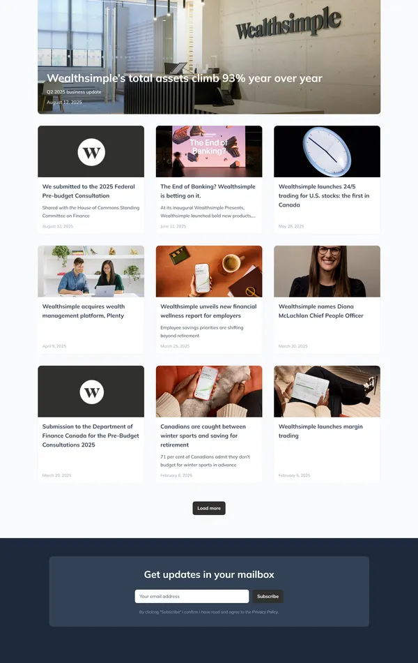 Новости Wealthsimple, тематика — Финансы, цвета — Белый, Черный, Серый, стиль — Корпоративный, типографика — Без засечек