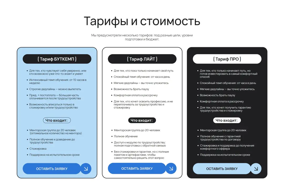 Секция «Цены» с сайта https://technium.ru/, тематика — Образование, цвета — Белый, Черный, Серый, стиль — Корпоративный, Карточный, типографика — Без засечек