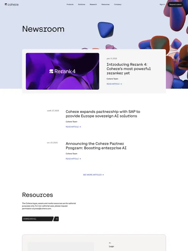 Новости Cohere, тематика — SaaS, цвета — Белый, Черный, Серый, стиль — Корпоративный, Минимализм, типографика — Без засечек