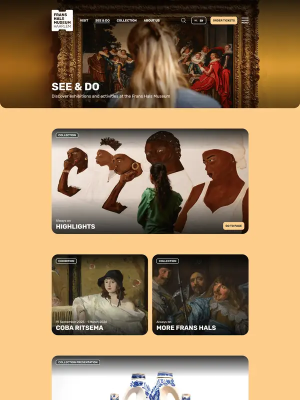 Каталог Frans Hals Museum, тематика — Искусство, цвета — Черный, Серый, Желтый, стиль — Классический, Карточный, типографика — Без засечек, Декоративные