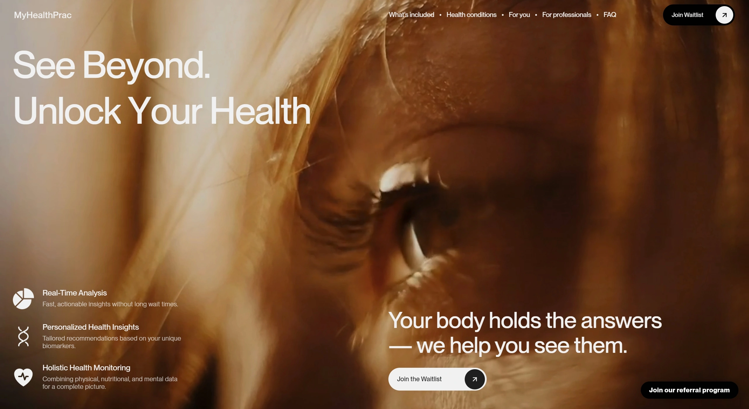 MyHealthPrac Секция «Первый экран» с сайта https://www.myhealthprac.com/, тематика — Здоровье и фитнес, цвета — Черный, Серый, Коричневый, стиль — Фестивальный, Минимализм, типографика — Без засечек