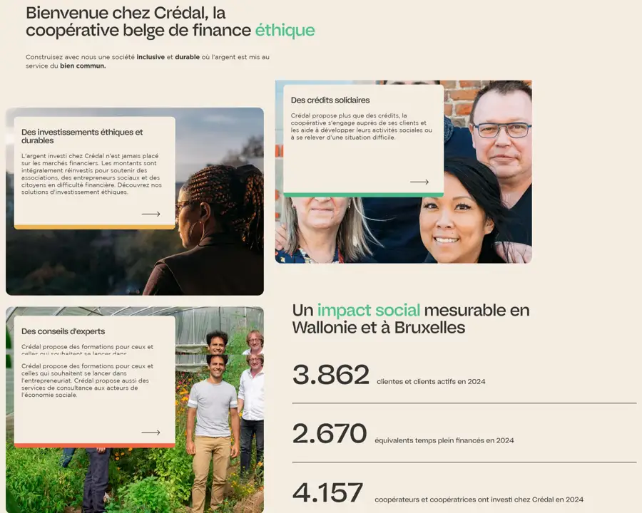 Секция «Услуги» с сайта https://www.credal.be/, тематика — Финансы, цвета — Белый, Черный, Серый, стиль — Карточный, Минимализм, типографика — Без засечек