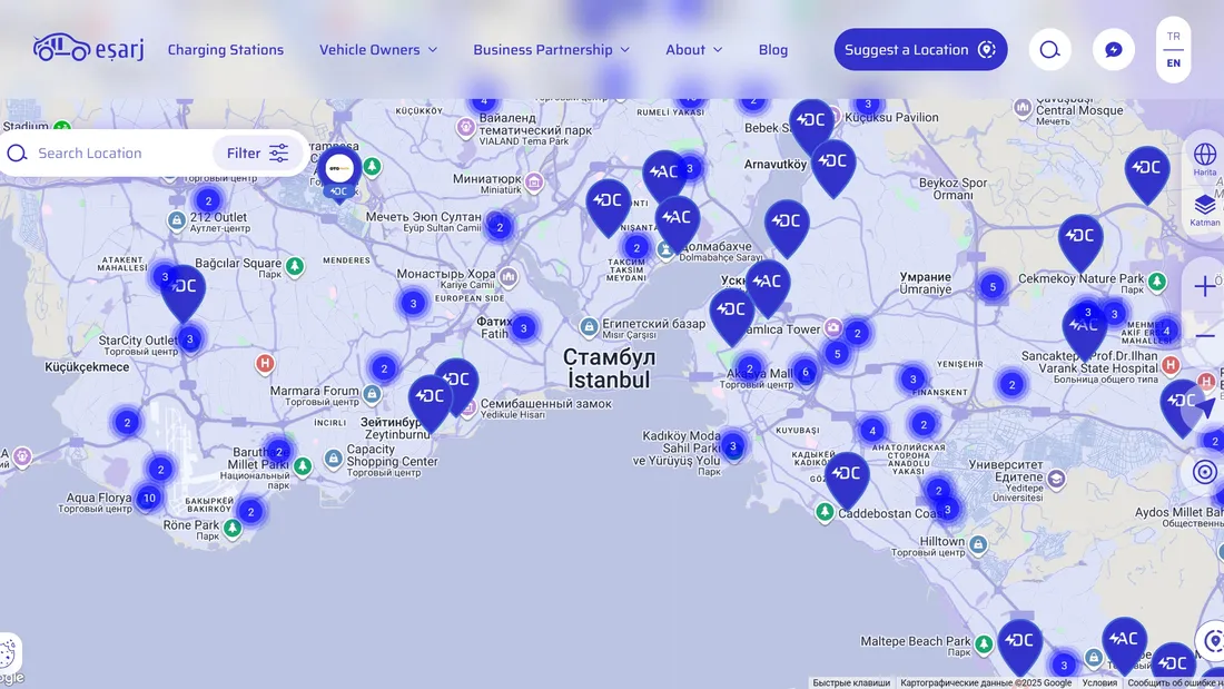 Секция «Карты» с сайта https://esarj.com/en, тематика — Бизнес и профессиональные услуги, цвета — Белый, стиль — Корпоративный, типографика — Без засечек