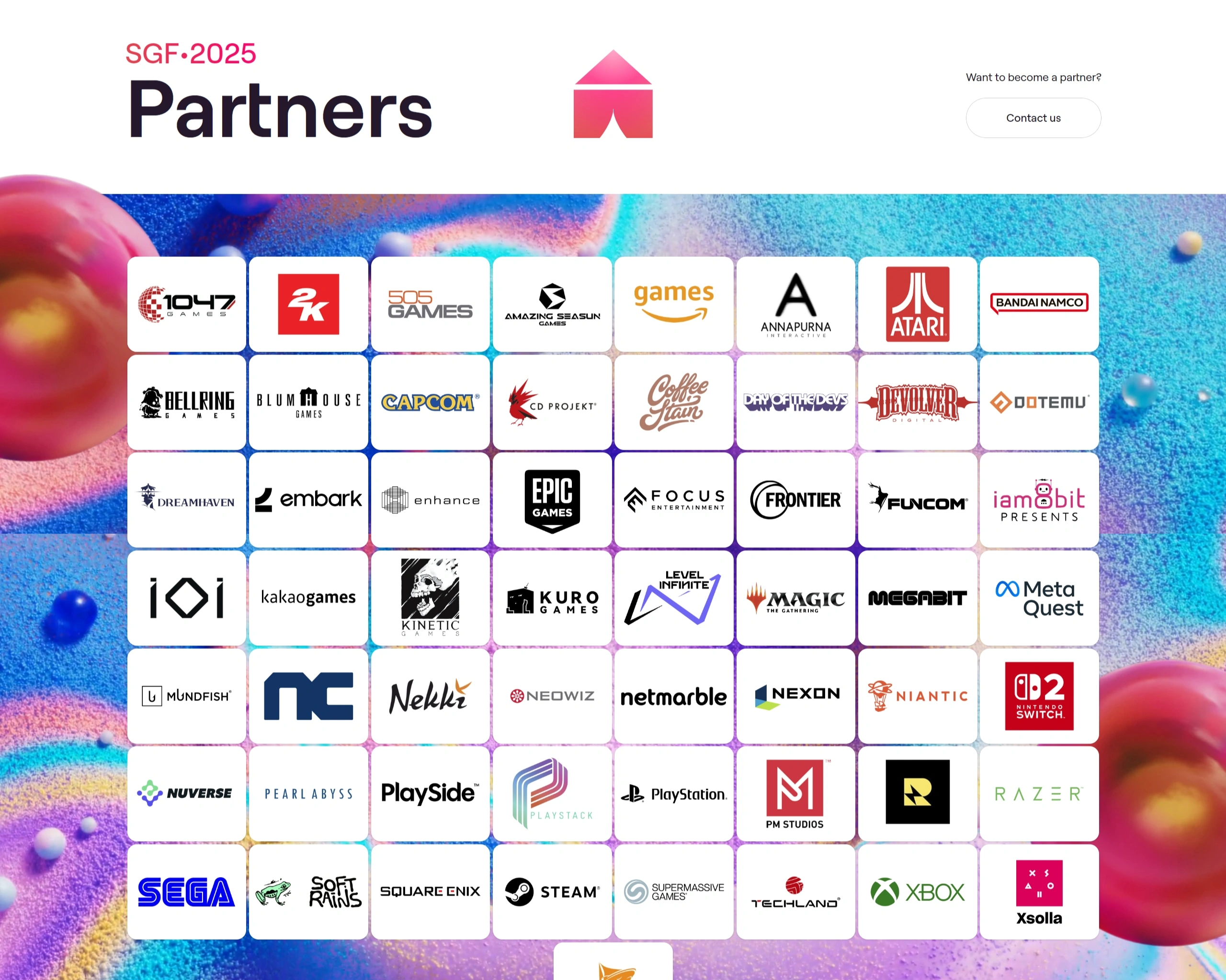 Summer Game Fest Секция «Партнеры» с сайта https://www.summergamefest.com/, тематика — Мероприятия, цвета — Белый, Серый, Розовый, стиль — Карточный, Фестивальный, типографика — Без засечек, Декоративные