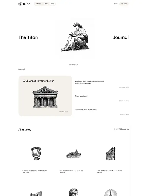 Блог Titan, тематика — Финансы, цвета — Белый, Черный, Серый, стиль — Классический, Минимализм, типографика — С засечками