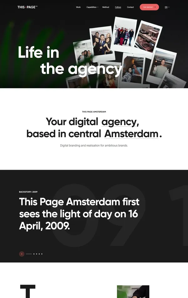 Страница о компании This Page Amsterdam, тематика — Агентство , цвета — Белый, Черный, Серый, стиль — Корпоративный, Типографика, типографика — Без засечек
