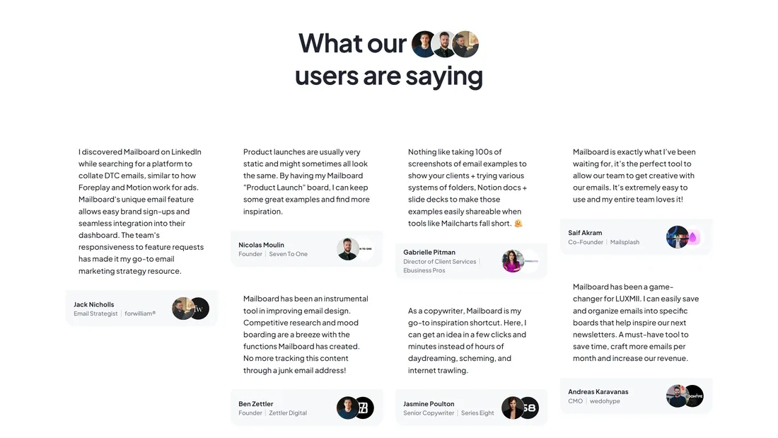 Секция «Отзывы» с сайта https://mailboard.com/, тематика — Маркетинг, SaaS, цвета — Белый, стиль — Минимализм, типографика — Без засечек