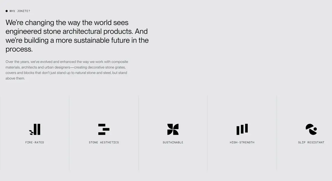 Секция «Преимущества» с сайта https://www.jonite.com/, тематика — Строительство, цвета — Белый, стиль — Минимализм, типографика — Без засечек