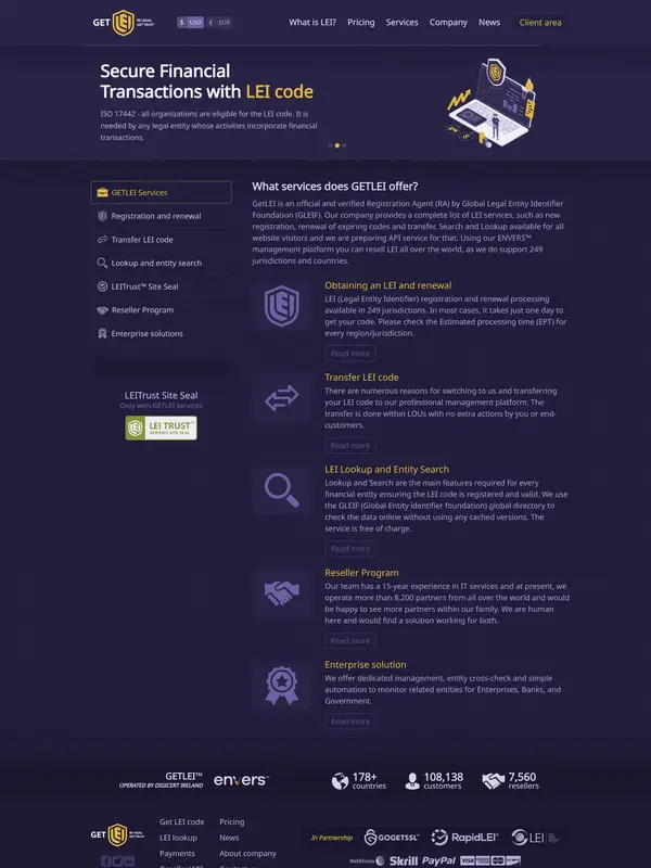 Услуги GetLEI, тематика — Бизнес и профессиональные услуги, цвета — Черный, стиль — Корпоративный, Карточный, типографика — Без засечек