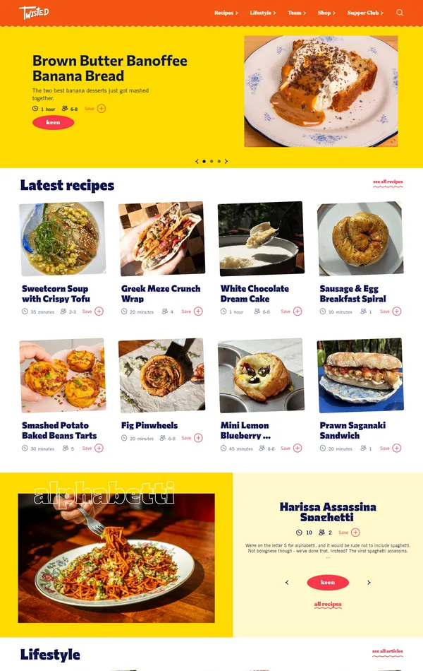 Главная Twisted, тематика — Еда и напитки, цвета — Белый, Серый, Оранжевый, стиль — Фестивальный, типографика — Без засечек, Декоративные