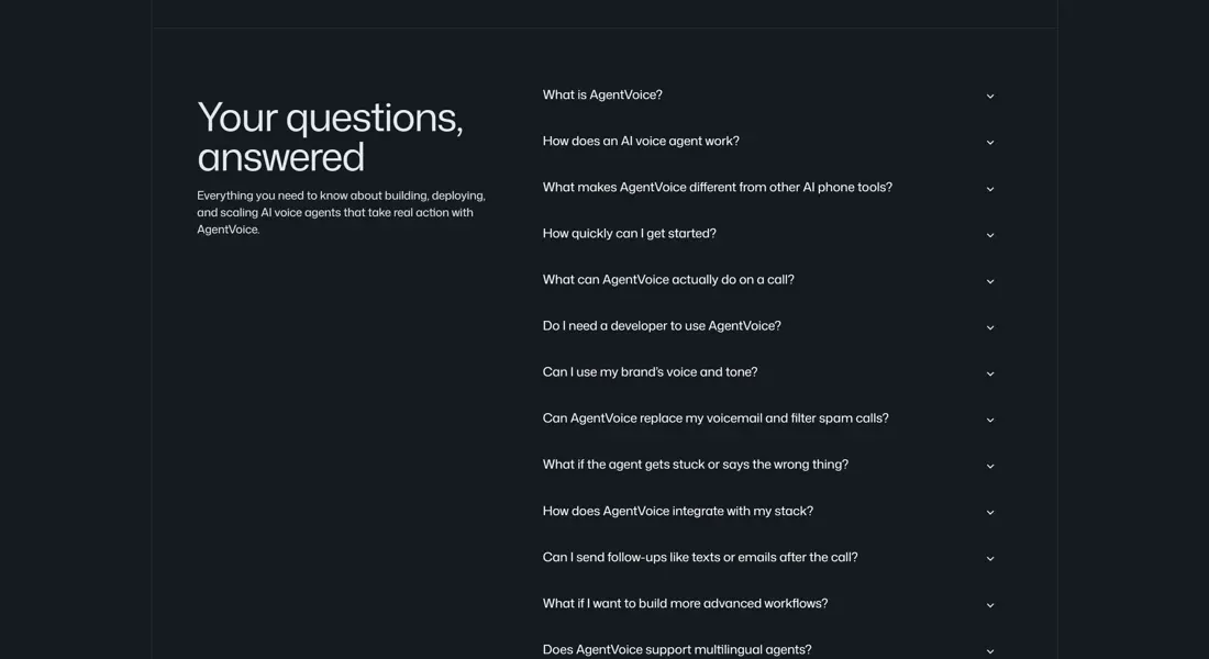 Секция «FAQ» с сайта https://www.agentvoice.com/, тематика — IT и программное обеспечение, цвета — Черный, стиль — Минимализм, типографика — Без засечек