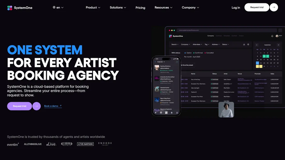 Секция «Первый экран» с сайта https://www.systemonesoftware.com/, тематика — SaaS, цвета — Черный, стиль — Корпоративный, типографика — Без засечек