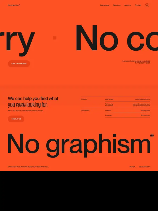 404-страница No graphism, тематика — Агентство , цвета — Красный, стиль — Типографика, Брутализм, типографика — Без засечек, Декоративные