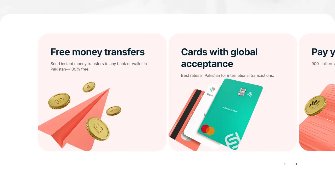 Секция «Преимущества» с сайта https://sadapay.pk/, тематика — Финансы, цвета — Белый, стиль — Карточный, Минимализм, типографика — Без засечек