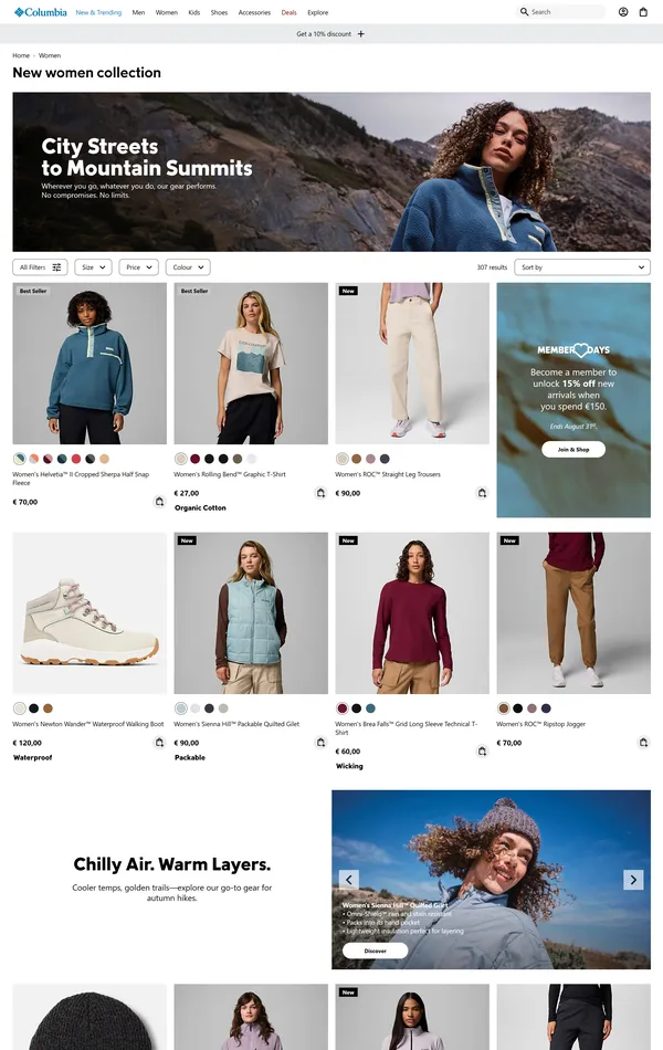 Каталог Columbia, тематика — Интернет-магазин, Одежда, цвета — Белый, Серый, стиль — Корпоративный, типографика — Без засечек