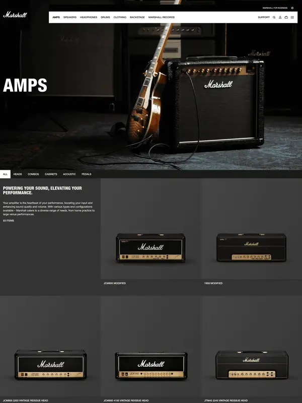 Каталог Marshall, тематика — Музыка, цвета — Черный, стиль — Минимализм, типографика — Без засечек
