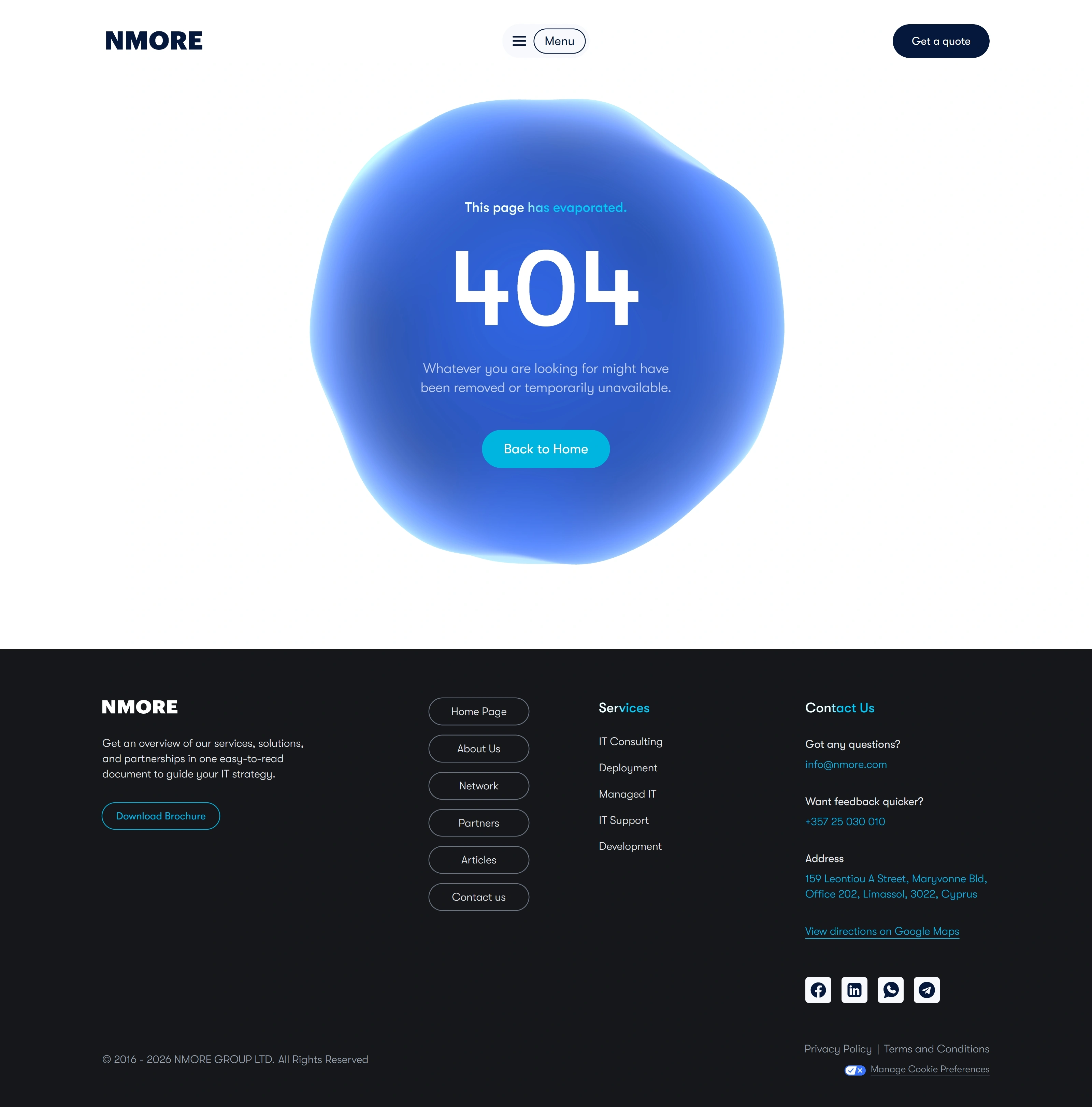 Nmore Group 404-страница Nmore Group, тематика — IT и программное обеспечение, цвета — Черный, Синий, стиль — Корпоративный, Минимализм, типографика — Без засечек